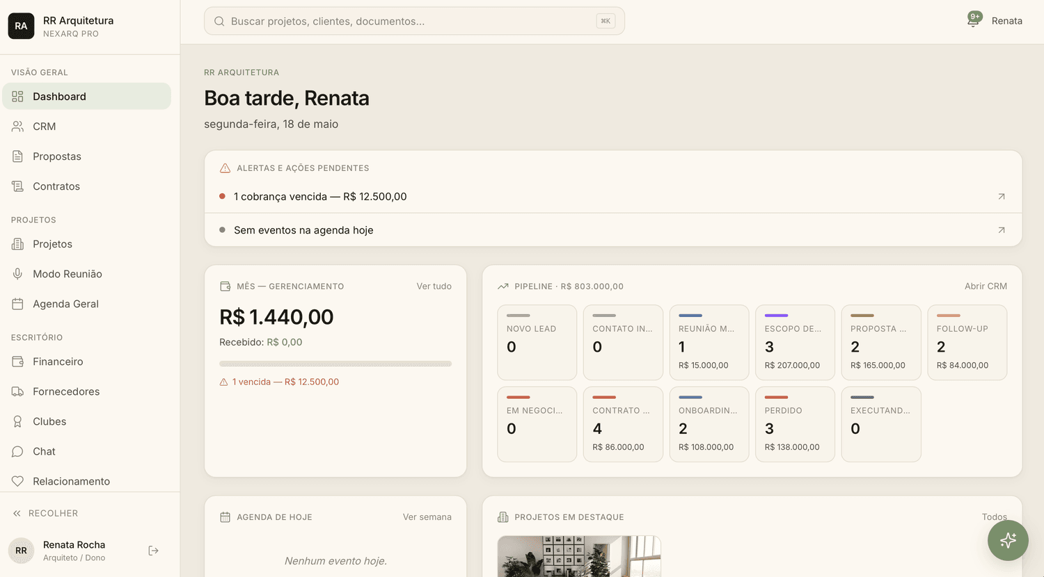 Painel NexArq PRO · visão geral do escritório
