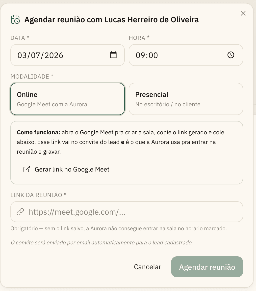 Agendar reunião com modalidade online ou presencial, com a Aurora gravando