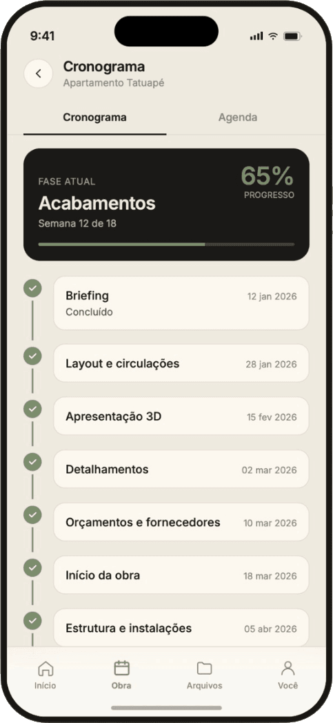Cronograma da obra no app do cliente