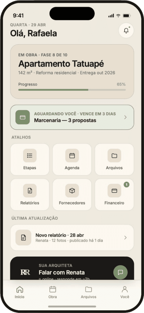 Tela inicial do app do cliente com a identidade do escritório