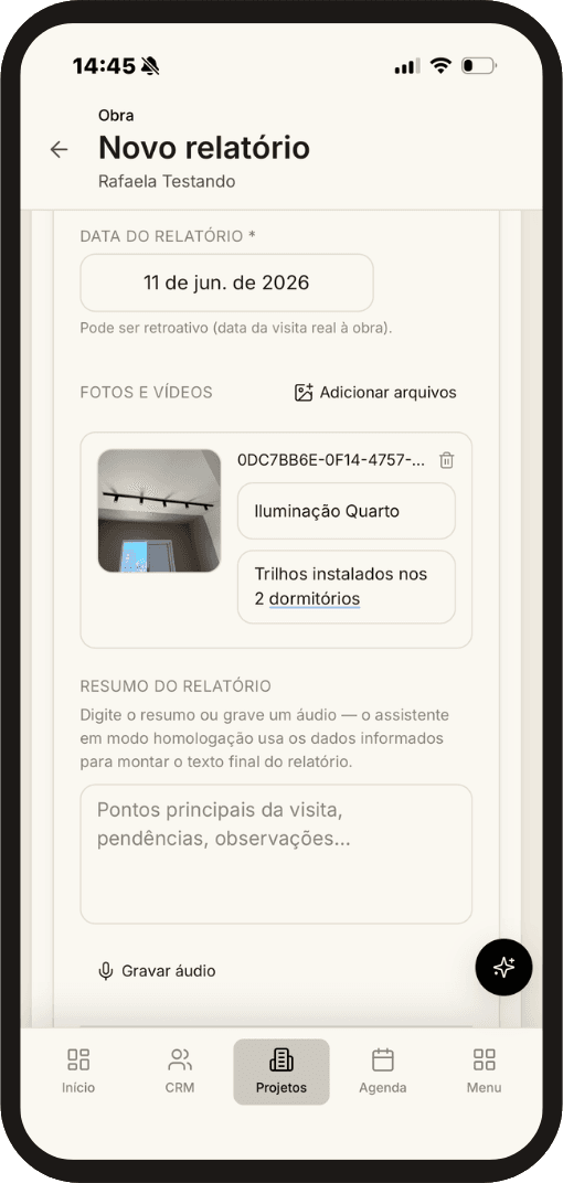 Relatório de obra no app do cliente